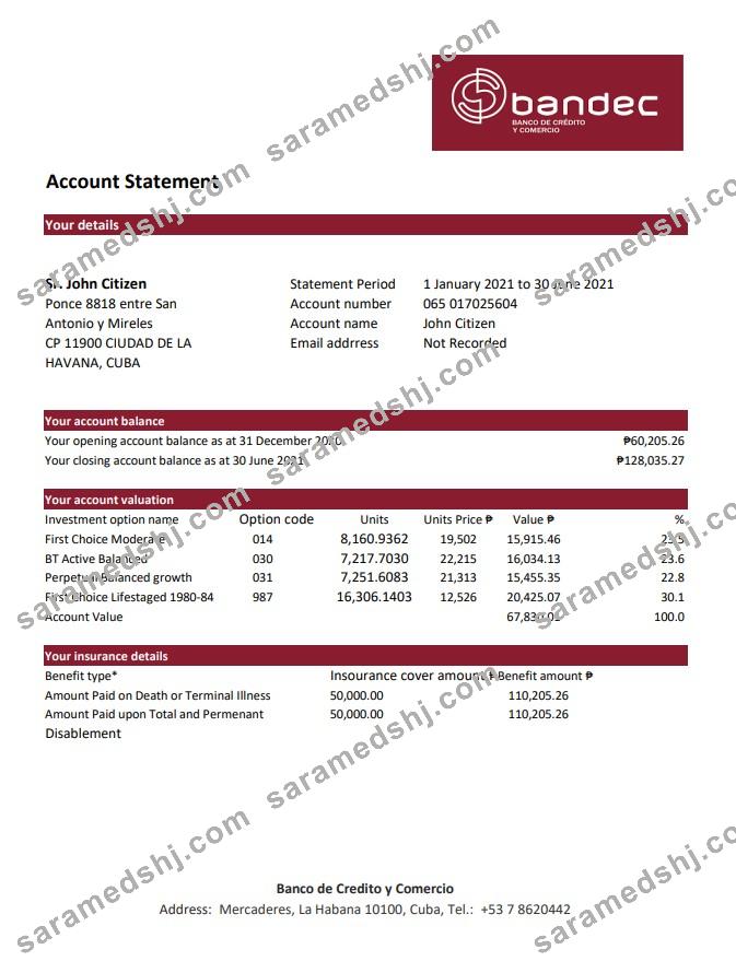 Cuba Bandec Banco de Credito y Comercio bank statement easy to fill template in .xls and .pdf file format